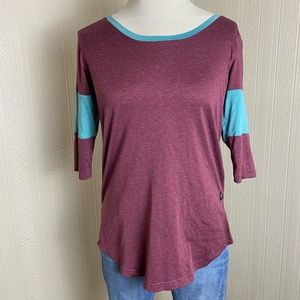 FLYLOW Baseball Tee Loose Fit Shirt 3/4 Sleeve Purple & Teal Women XS